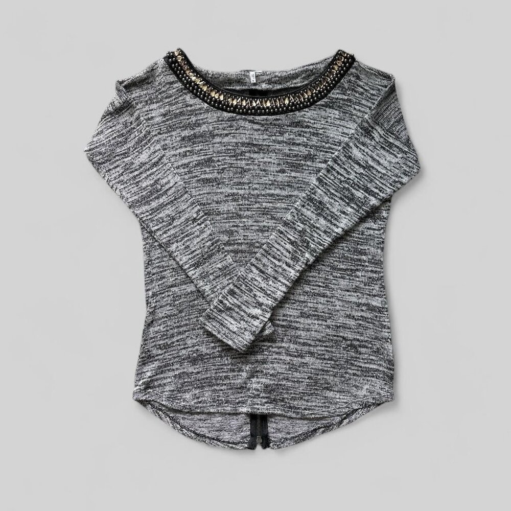 Embellished Sweater Womens Small Gray Black Long Sleeve Knit High Low Pullover